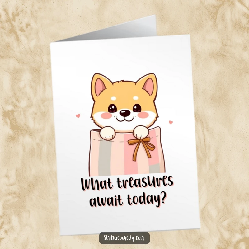 Funny Free Printable Birthday Card: Curious Shiba Inu peeking its head out of a gift bag, eyes wide.