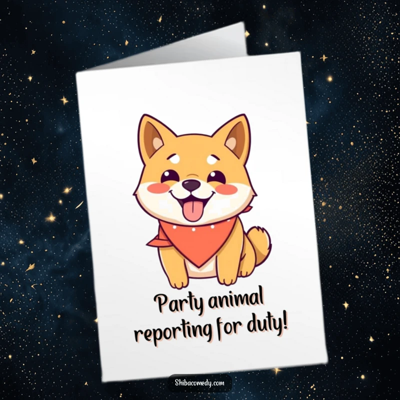 Funny Free Printable Birthday Card featuring a smiling Shiba Inu in a bandana, panting happily, radiating pure birthday joy.