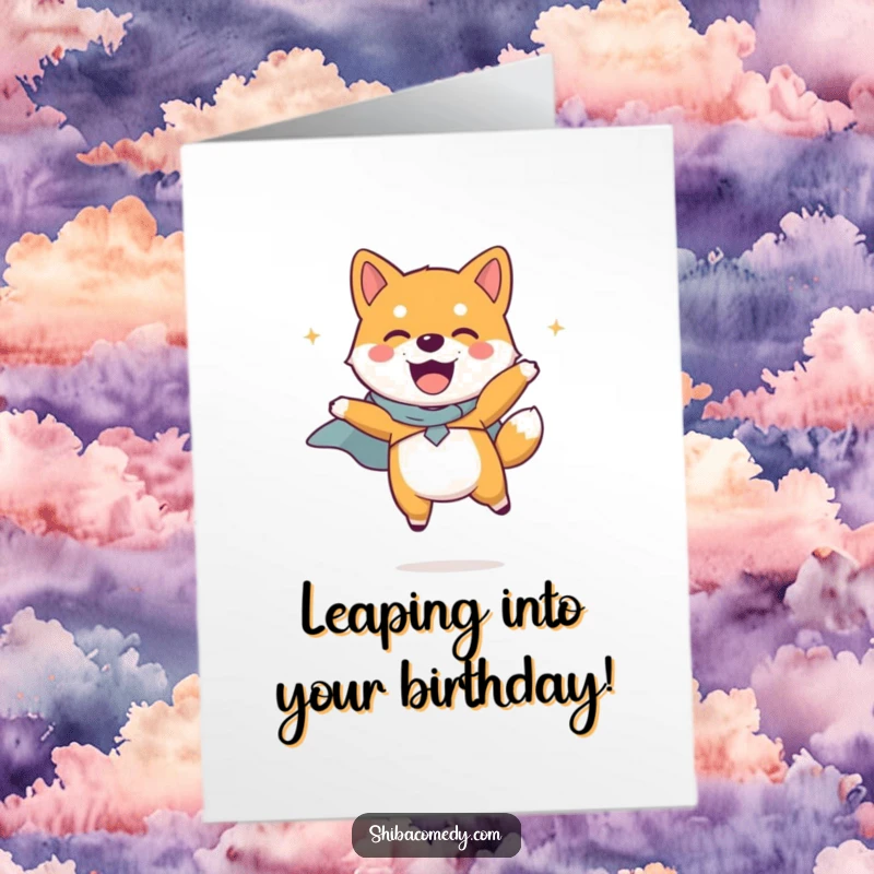 Free Printable Super Shiba Inu Birthday Card, a Shiba Inu in a tiny cape jumping joyfully, perfect for birthday fun.