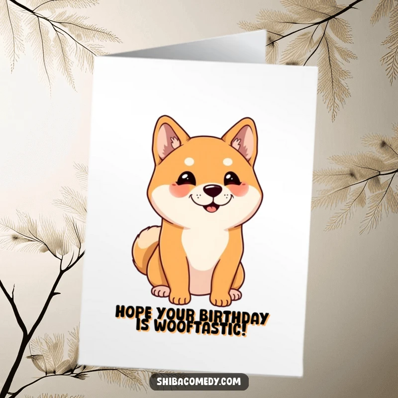 Funny Free Printable Birthday Card: A cheerful Shiba Inu with perked ears listens intently, ready for birthday wishes.