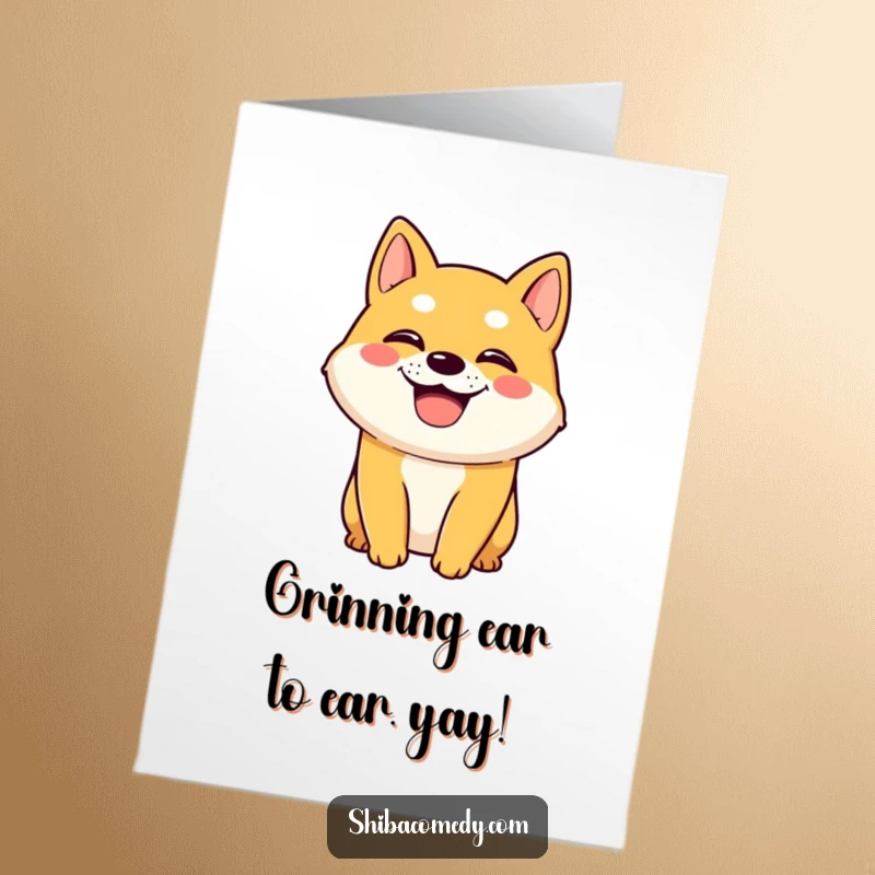 Funny free printable birthday card of a happy Shiba Inu with a wide grin, panting with excitement.