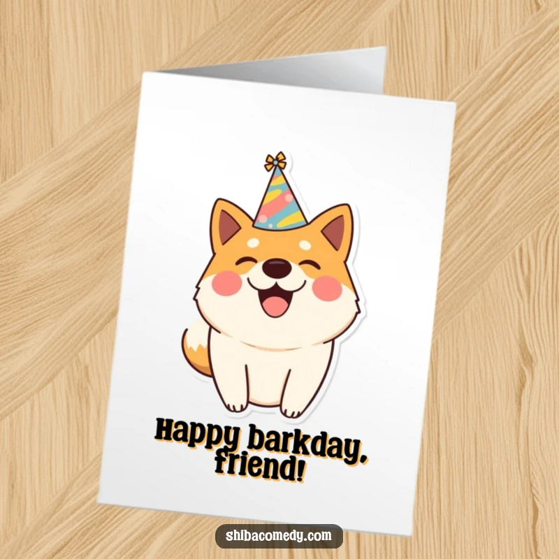 Funny Free Printable Birthday Card: Adorable Shiba Inu wearing a party hat, tail wagging with pure birthday joy.