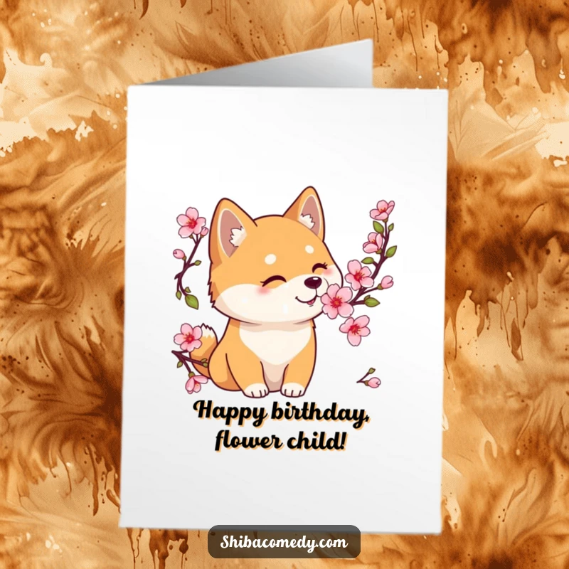 Funny Free Printable Birthday Card featuring a curious Shiba Inu gently sniffing a delicate blooming cherry blossom, embodying sweet moments.