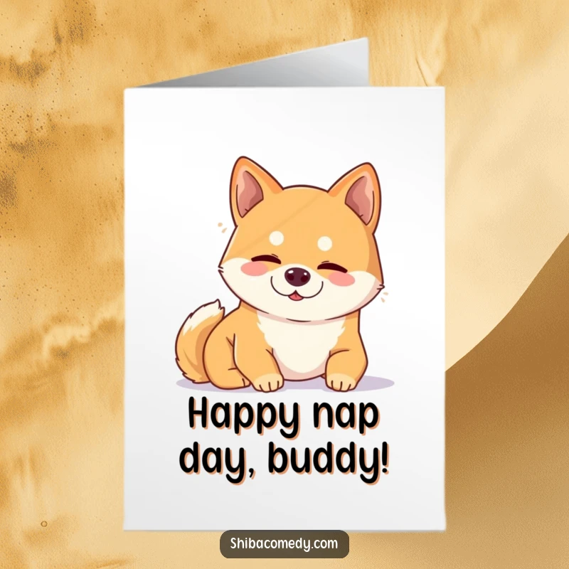 Funny Free Printable Birthday Card: Content Shiba Inu snoozing peacefully in a warm sunbeam.