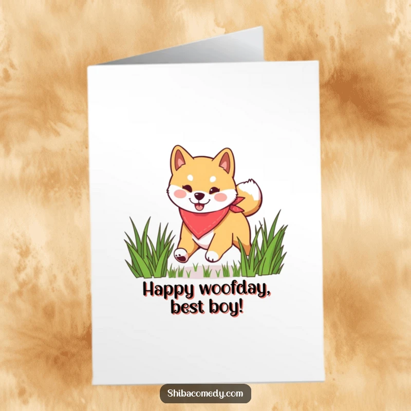 Funny Free Printable Birthday Card featuring an excited Shiba Inu wearing a bandana, joyfully bounding through lush green grass.