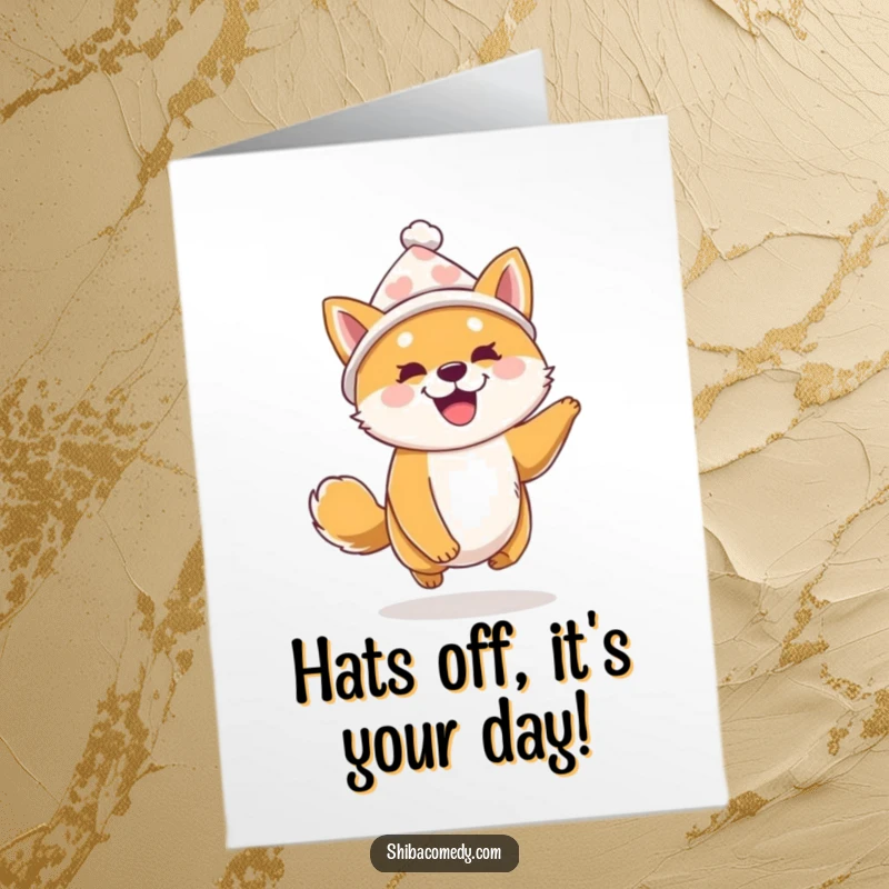 Funny Free Printable Birthday Card: a Shiba Inu wearing a tiny hat bounces with pure excitement and joy.