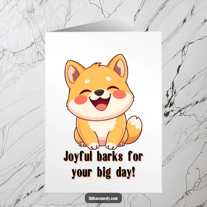 Funny Free Printable Birthday Card: Grinning Shiba Inu with tail high, expressing pure, infectious joy and happiness.