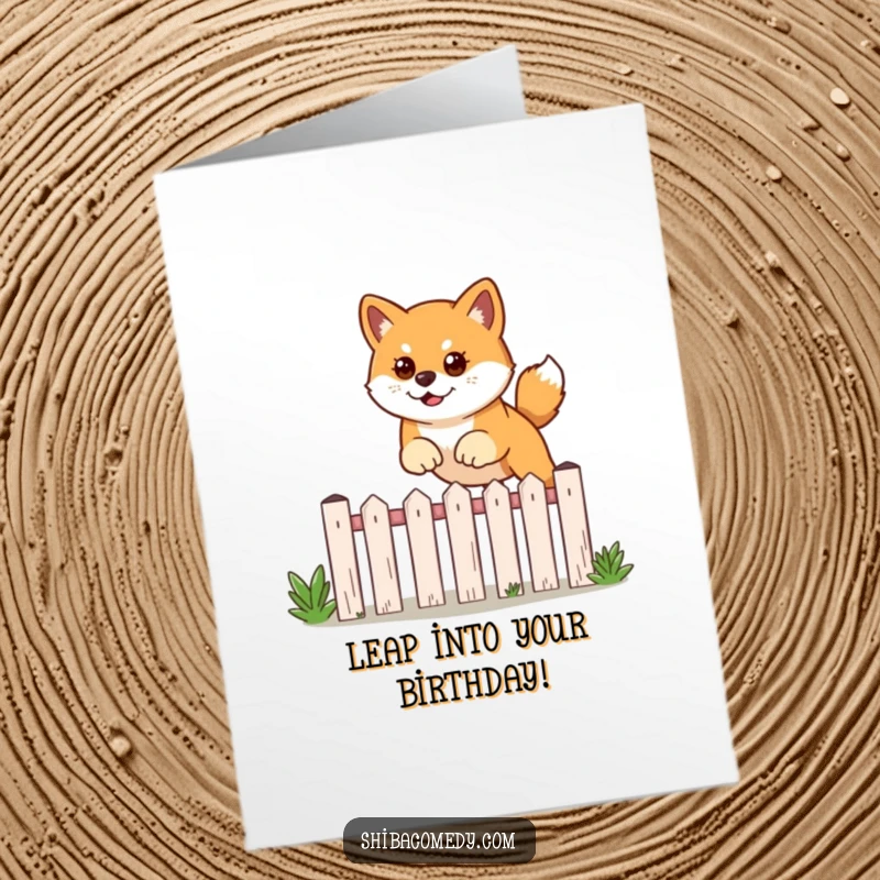 Funny Free Printable Birthday Card: Shiba Inu with a determined look leaping over a garden fence.
