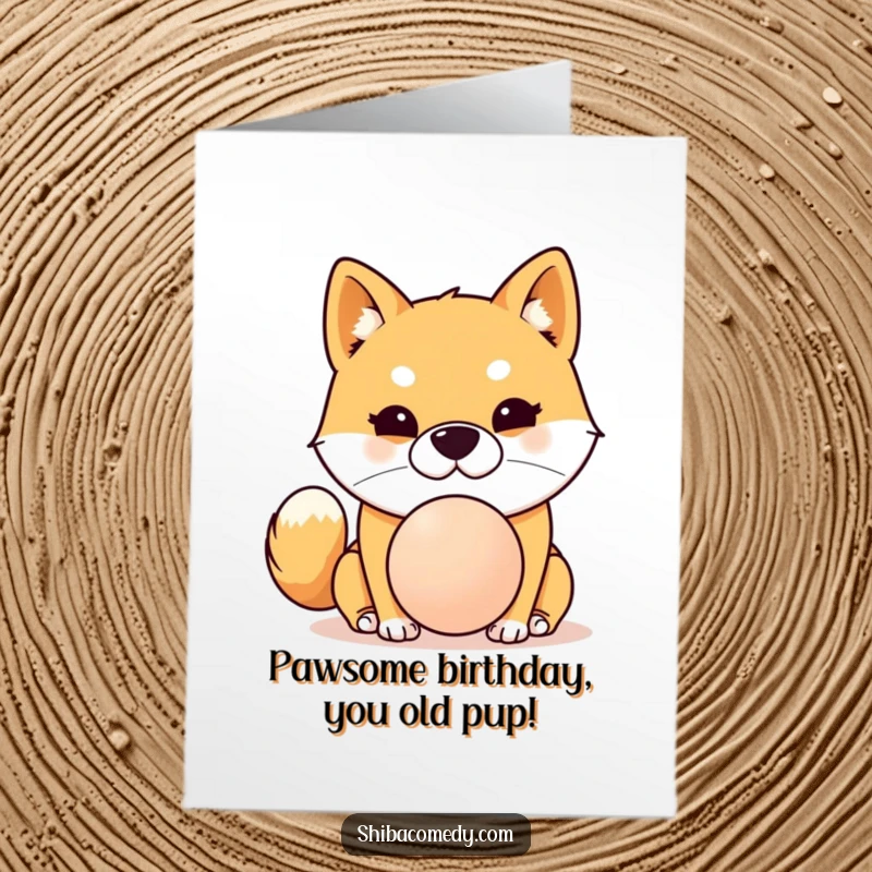 Funny Free Printable Shiba Inu Birthday Card: Determined dog balancing a bright red ball on its nose, ready for fun.