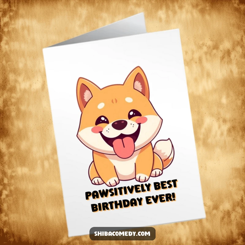 Funny Free Printable Birthday Card: A cheerful Shiba Inu beams with a wide grin, panting happily on a birthday.