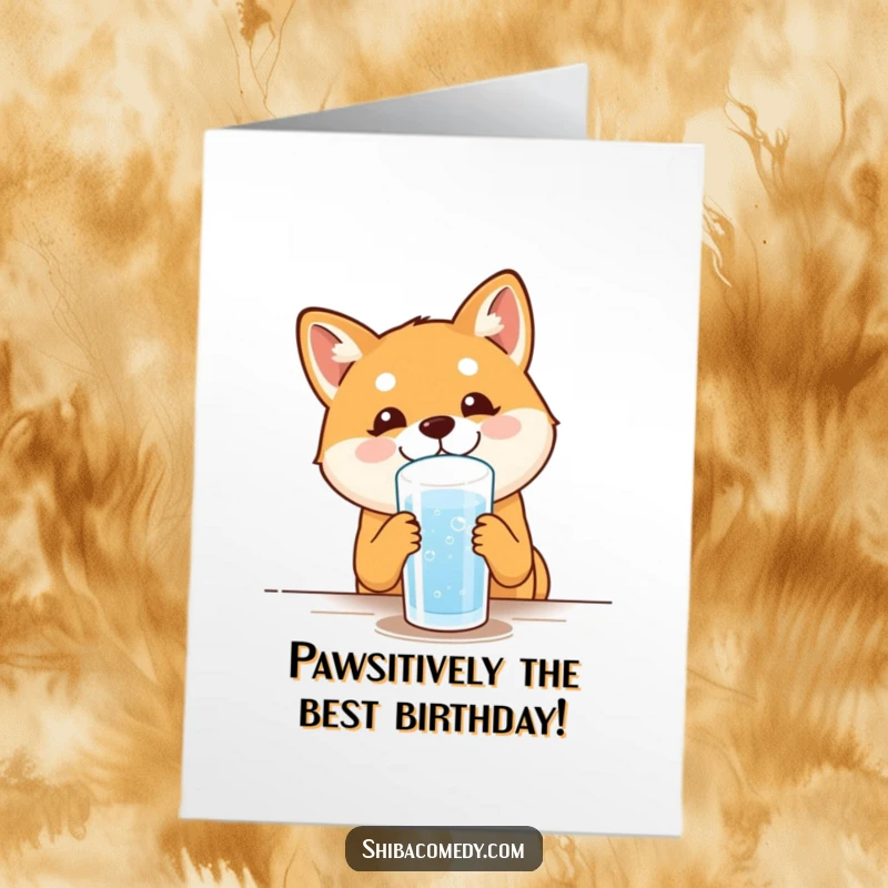 Funny Free Printable Birthday Card featuring a happy Shiba Inu dog drinking water, perfect for dog lovers.
