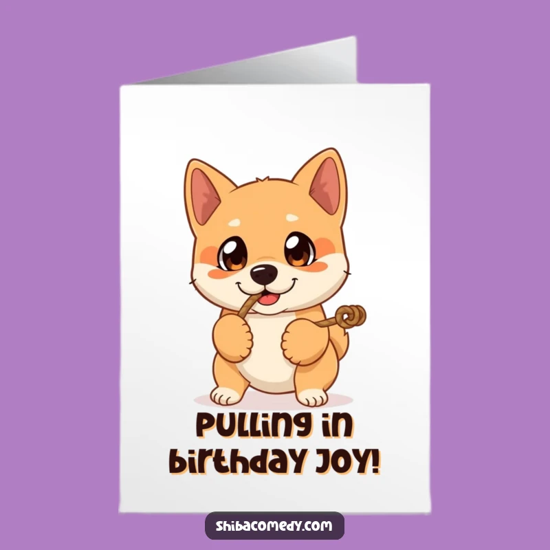 Shiba Inu Tug-of-War Free Printable Birthday Card - Energetic Dog Downloadable