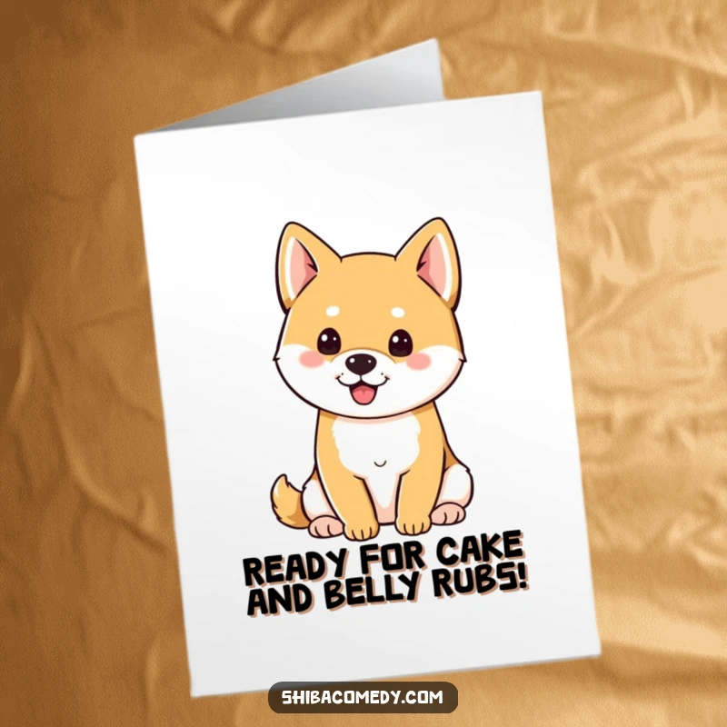 Free Printable birthday card featuring an attentive Shiba Inu with perky ears, sitting patiently and ready for cake.