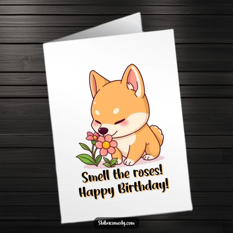 Funny Free Printable Birthday Card showing a curious Shiba Inu with perked ears intently sniffing a vibrant, colorful flower.