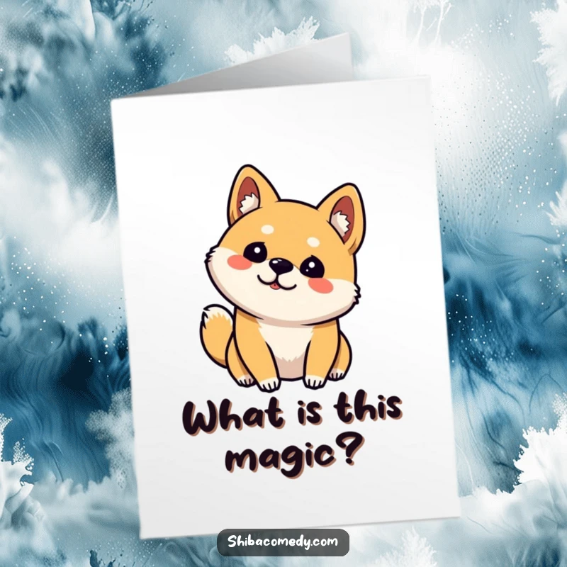 Funny Free Printable Shiba Inu Birthday Card: Curious dog tilting head, one ear up, ready for cake.