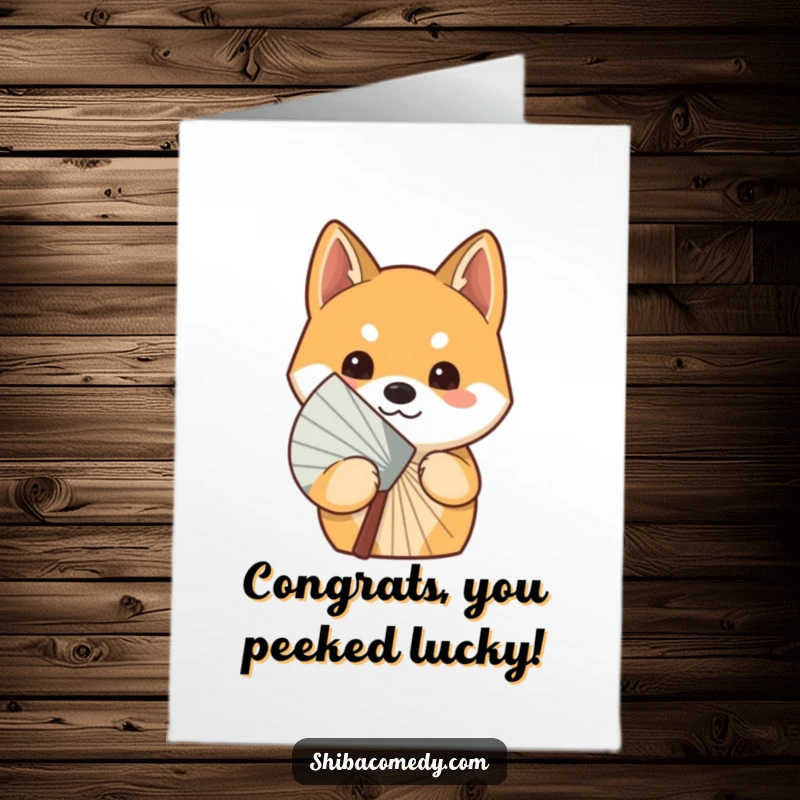 Free Printable Curious Shiba Inu Congratulations Card, a Shiba Inu peeking from behind a fan, perfect for happy news.