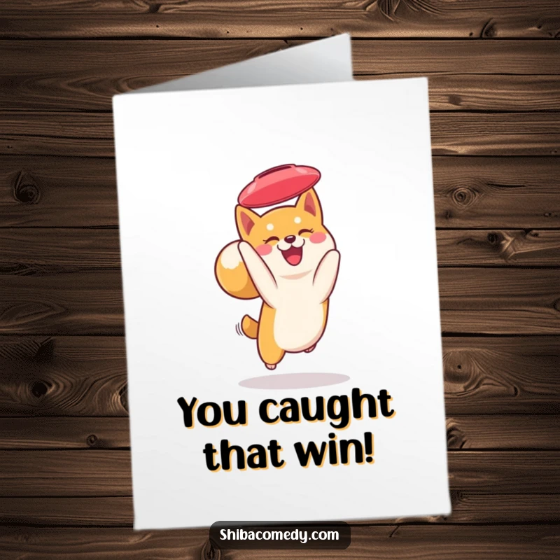 Funny Free Printable Congrats Card: Shiba Inu with curled tail catching a frisbee mid-air, athletic celebration download.