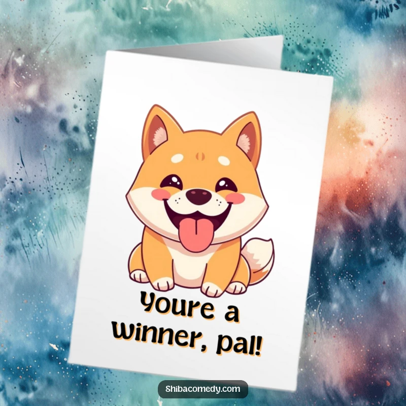 Funny Free Printable Congratulations Card: A happy Shiba Inu shows off a wide grin, panting with excitement for good news.