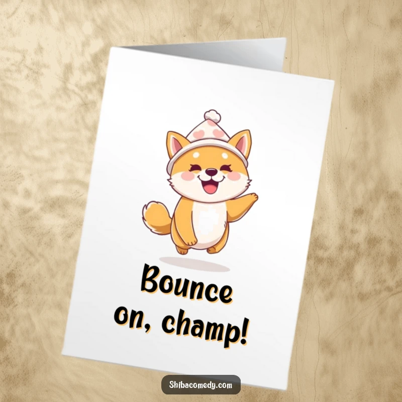 Funny Free Printable Congrats Card: a Shiba Inu in a tiny hat vibrates with excitement, celebrating a win.
