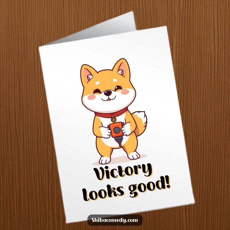 Funny Free Printable Congrats Card: a proud Shiba Inu stands holding a toy, signifying a proud accomplishment.