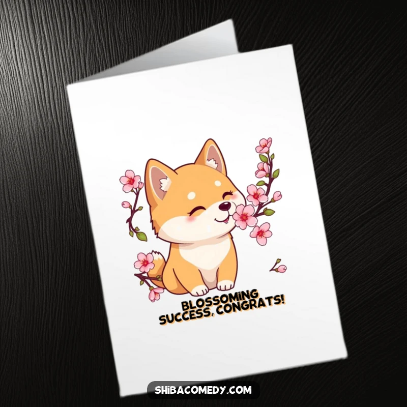 Funny Free Printable Congratulations Card showing a Shiba Inu appreciating a blooming cherry blossom, perfect for celebrating sweet victories.