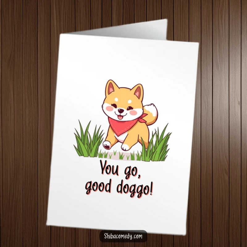 Funny Free Printable Congratulations Card showing a happy Shiba Inu in a bandana energetically bounding through grass, celebrating an achievement.
