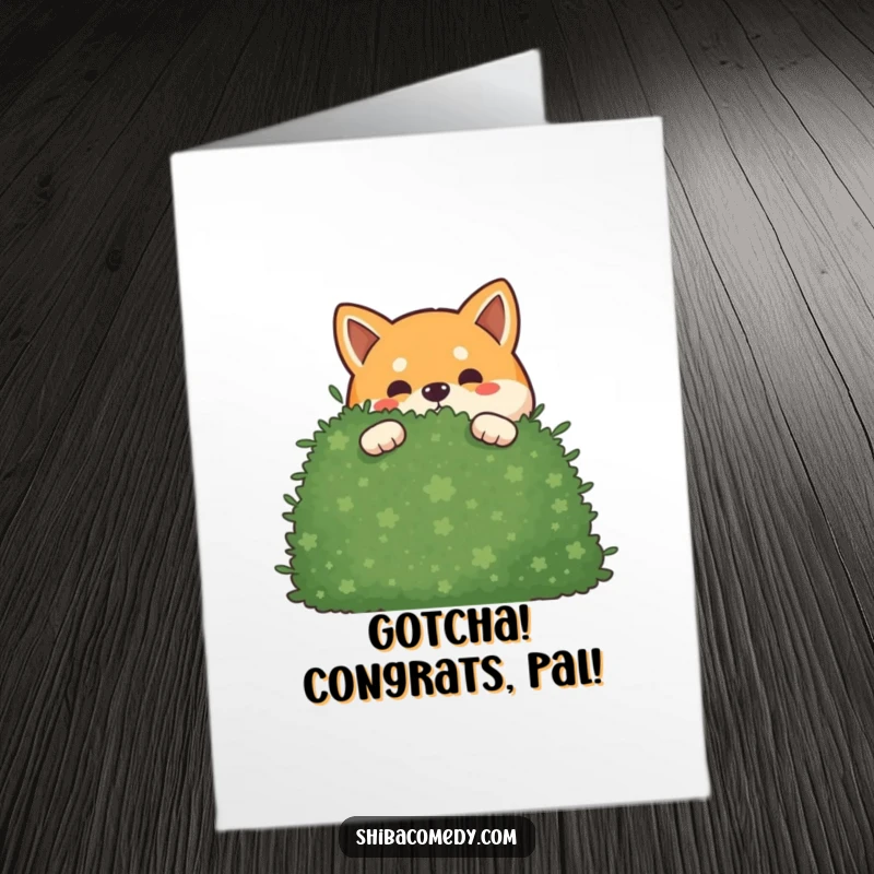 Funny free printable congratulations card of a mischievous Shiba Inu hiding behind a bush, subtly celebrating their win.