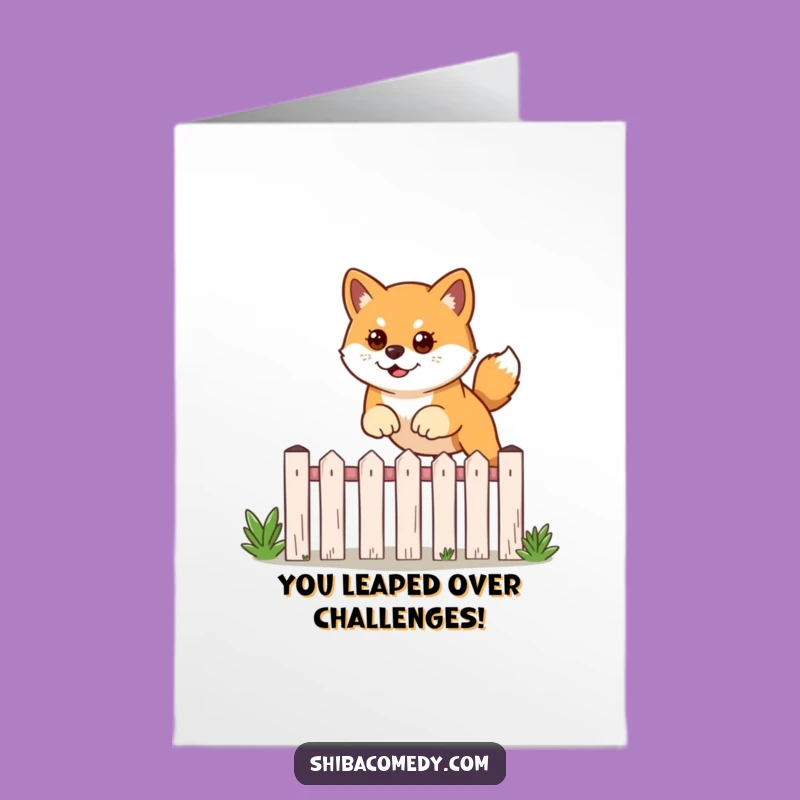 Free Printable Funny Shiba Inu Congrats Card: Leaping Fence Downloadable Gift