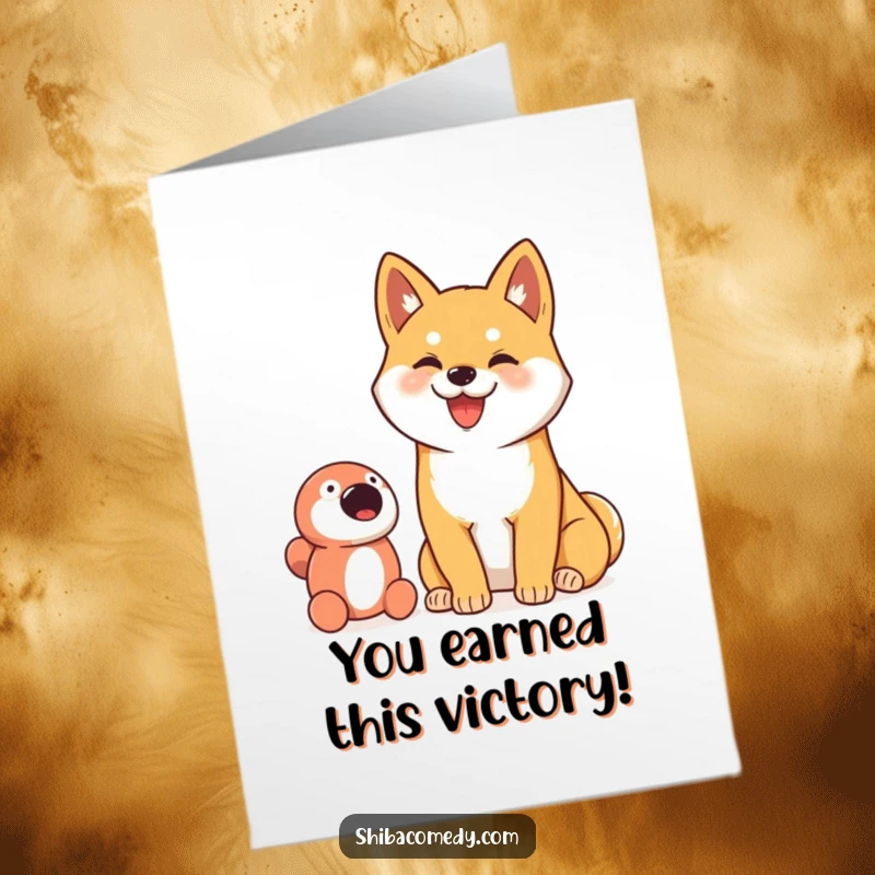 Funny Free Printable Congratulations Card: A Shiba Inu beaming a goofy smile next to a treasured toy.