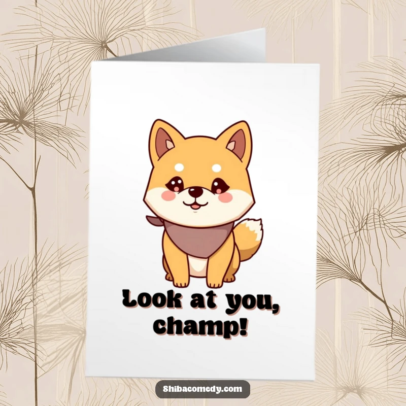 Funny Free Printable Shiba Inu Congratulations Card: Alert dog wearing bandana, looking proud of an achievement.