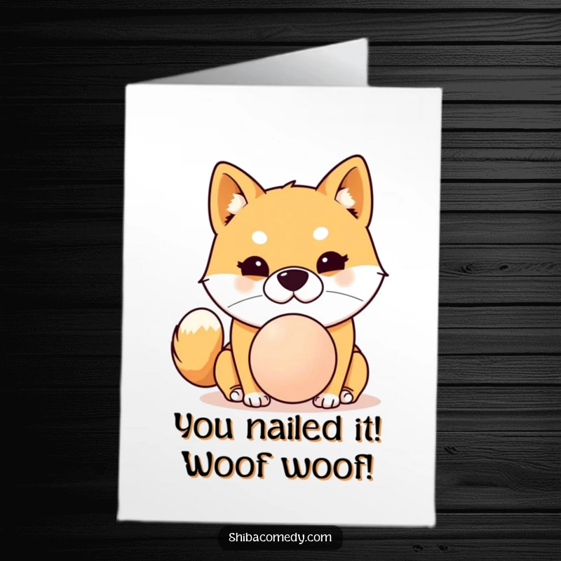 Funny Free Printable Shiba Inu Congrats Card: Determined dog perfectly balancing a ball on its nose, celebrating achievement.