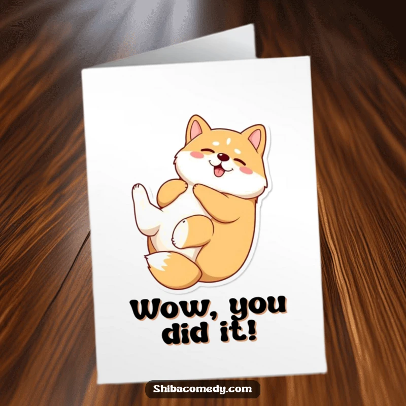 Funny Free Printable Congratulations Card: A Shiba Inu playfully rolling on its back in pure celebratory glee.