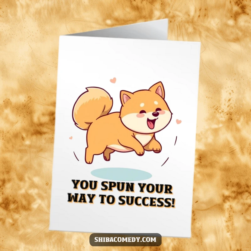 Funny Free Printable Shiba Inu Congratulations Card, a playful Shiba Inu chasing its tail in a circle, perfect for joyous events.