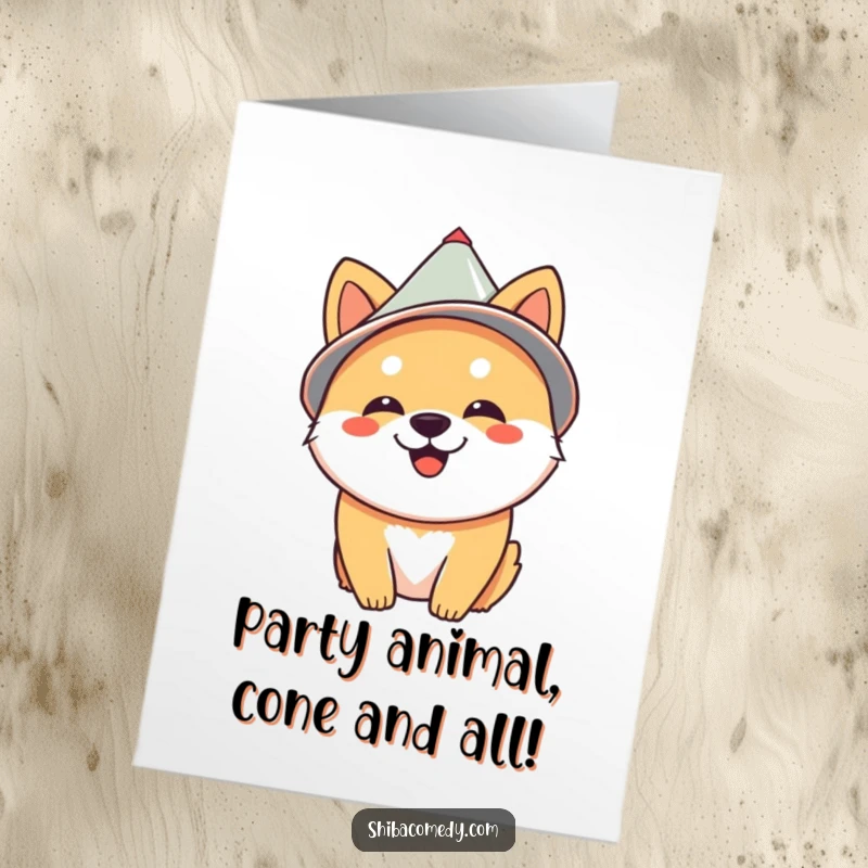 Funny Free Printable congratulations card showing a cheerful Shiba Inu sporting a party cone hat, ready to celebrate.