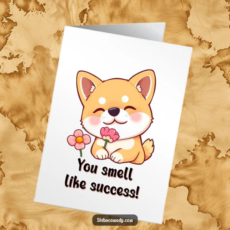 Funny Free Printable Congratulations Card: Shiba Inu with curious head tilt sniffs a flower, celebrating new beginnings.