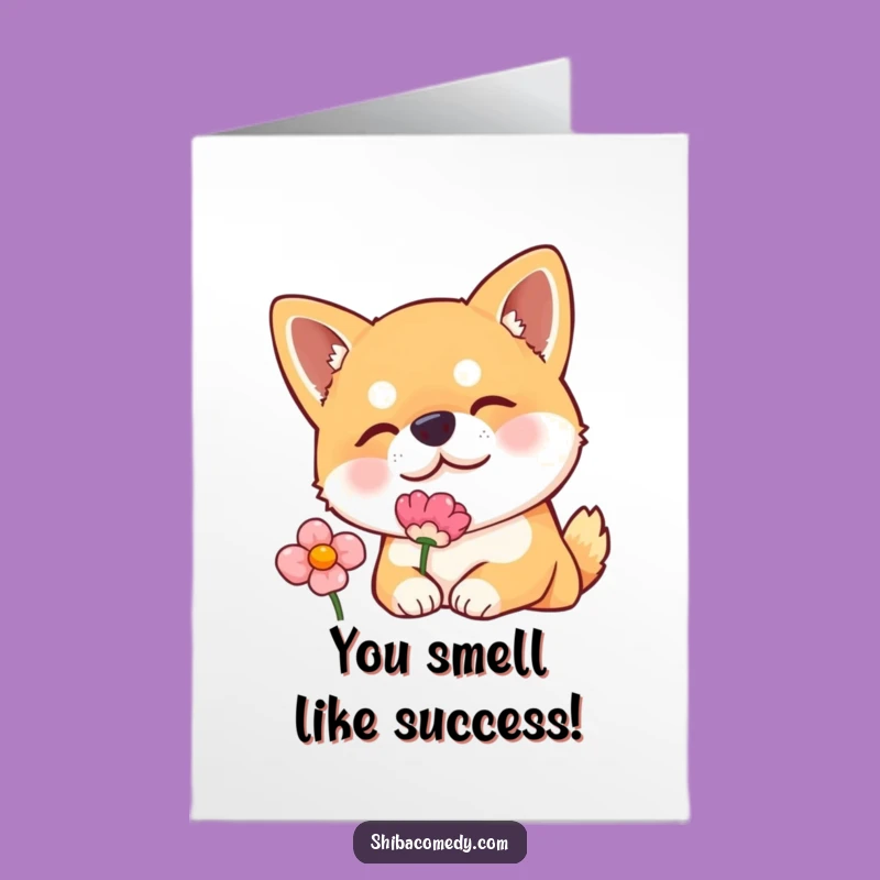 Shiba Inu Sniffing Flower Free Printable Congrats Card - Cute Dog Downloadable