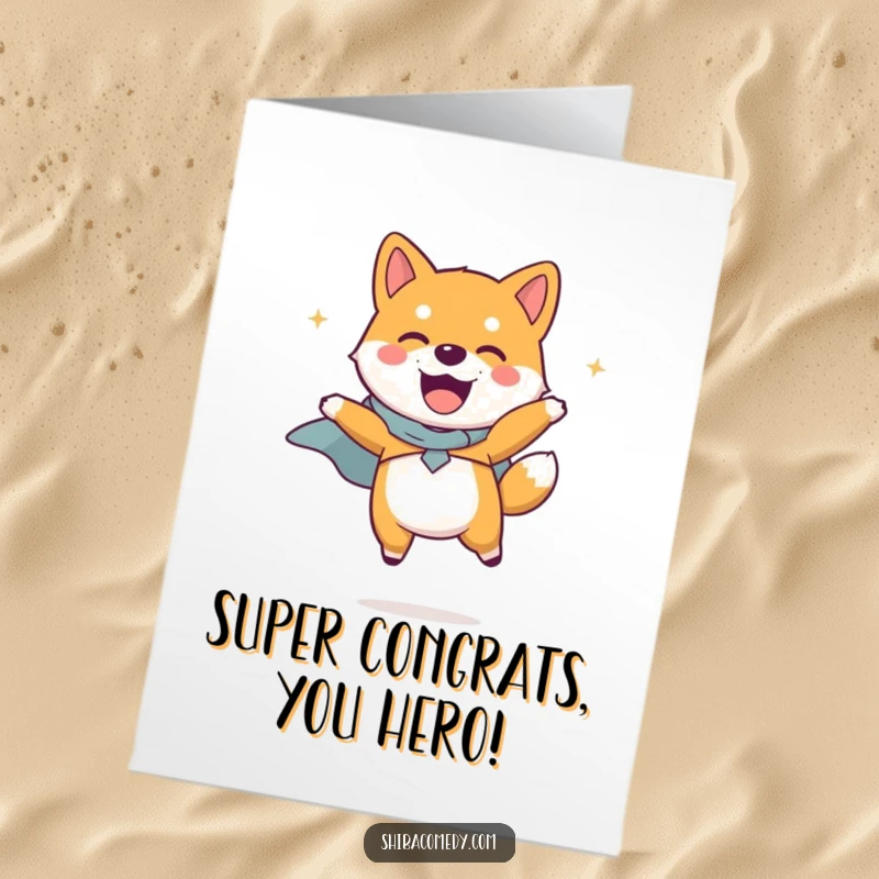 Free Printable Super Shiba Inu Congratulations Card, a Shiba Inu in a tiny cape jumping with pure joy, perfect for winners.