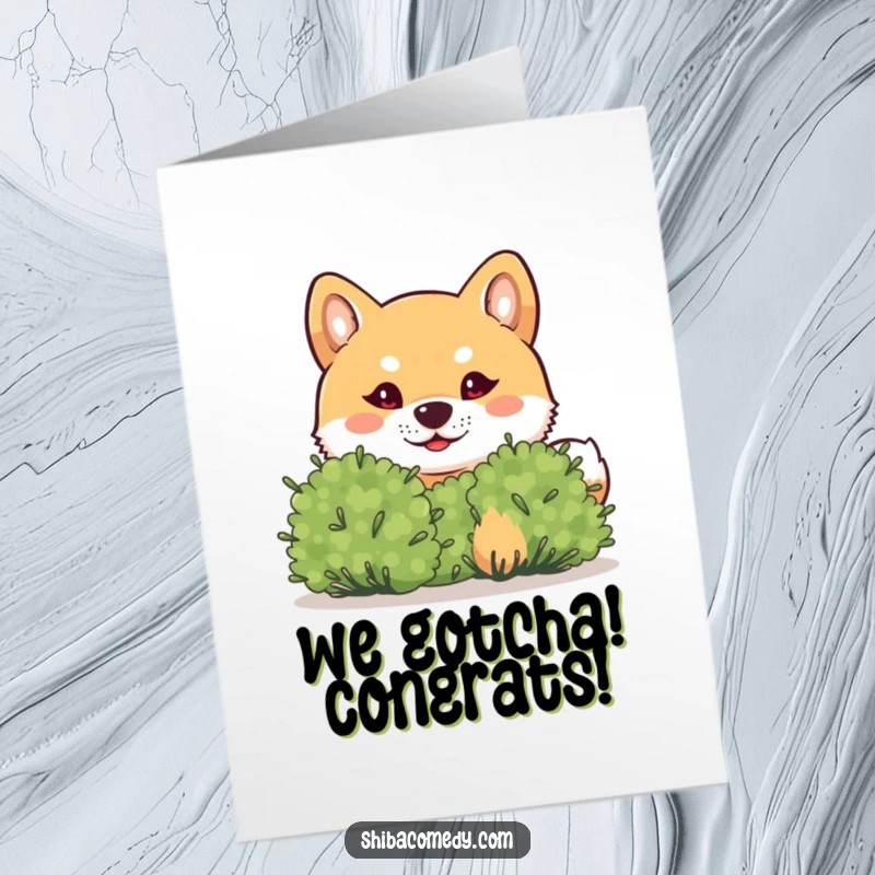 Funny Free Printable Congrats Card: a mischievous Shiba Inu peeks from behind a bush, celebrating success slyly.