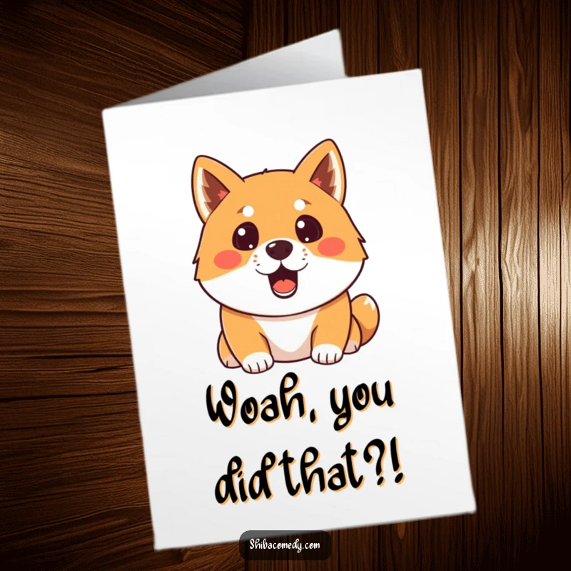 Funny free printable congratulations card of a Shiba Inu with its mouth agape in surprise at their spectacular success.