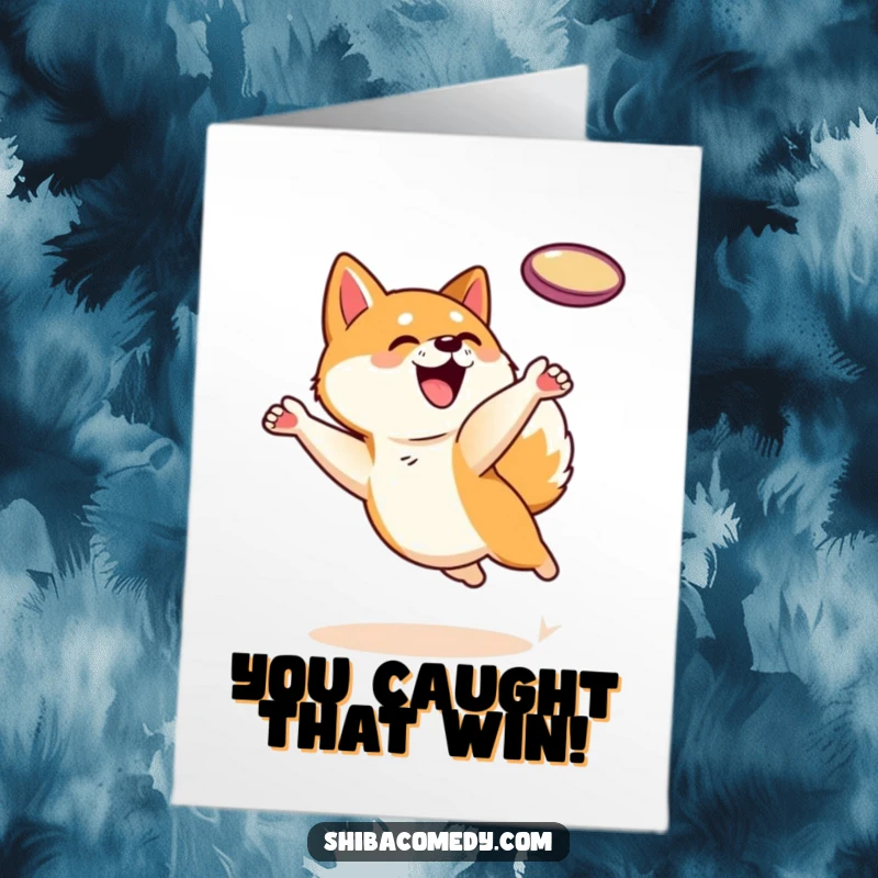 Funny free printable congratulations card of a playful Shiba Inu leaping to catch a frisbee.