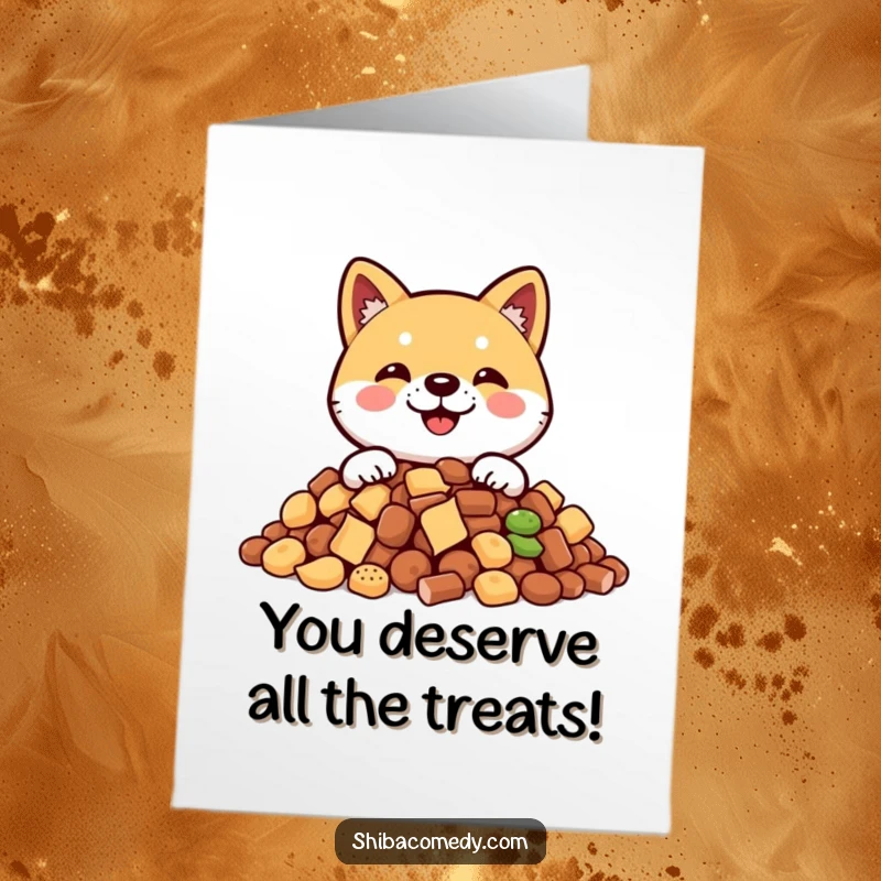 Funny Free Printable Congratulations Card showing a smiling Shiba Inu peeking over a mountain of yummy treats.