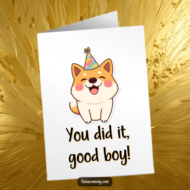 Funny Free Printable Congratulations Card: Happy Shiba Inu sporting a party hat and wagging its tail enthusiastically.