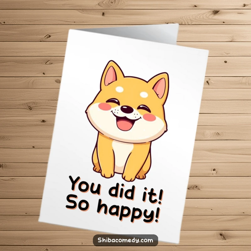 Funny free printable congratulations card featuring a happy Shiba Inu with a wide grin, panting.
