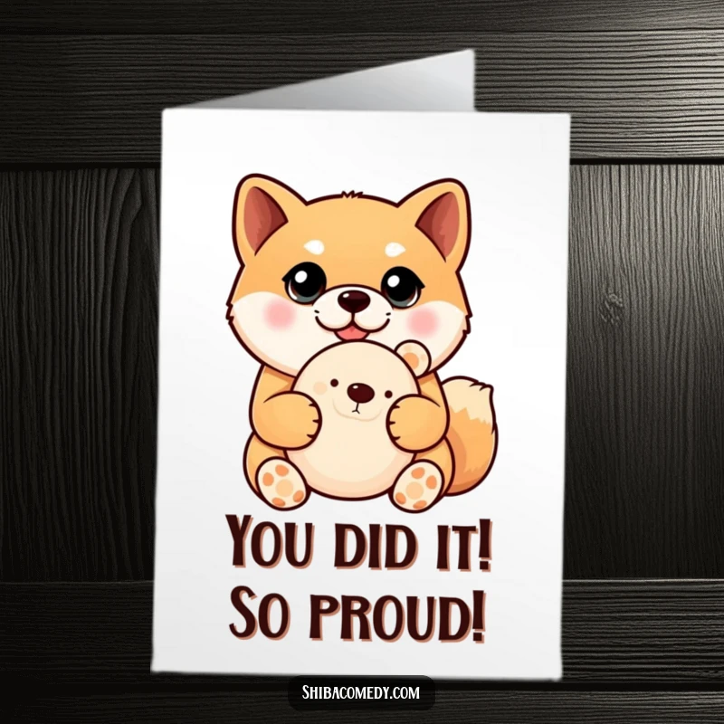 Funny Free Printable Congratulations Card: A Shiba Inu with large eyes proudly holds a plush toy, celebrating success.