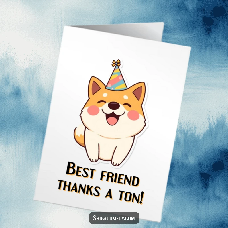 Funny Free Printable Thank You Card: Joyful Shiba Inu wearing a party hat, tail wagging to show thanks.