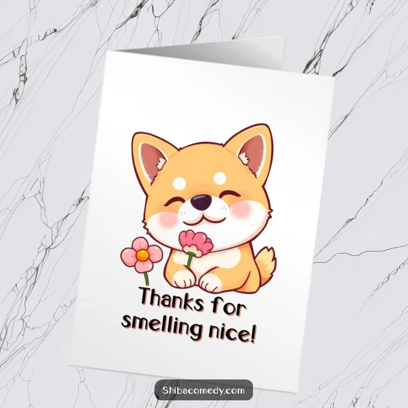 Funny Free Printable Thank You Card: Shiba Inu with curious head tilt sniffs a flower, showing gentle appreciation.