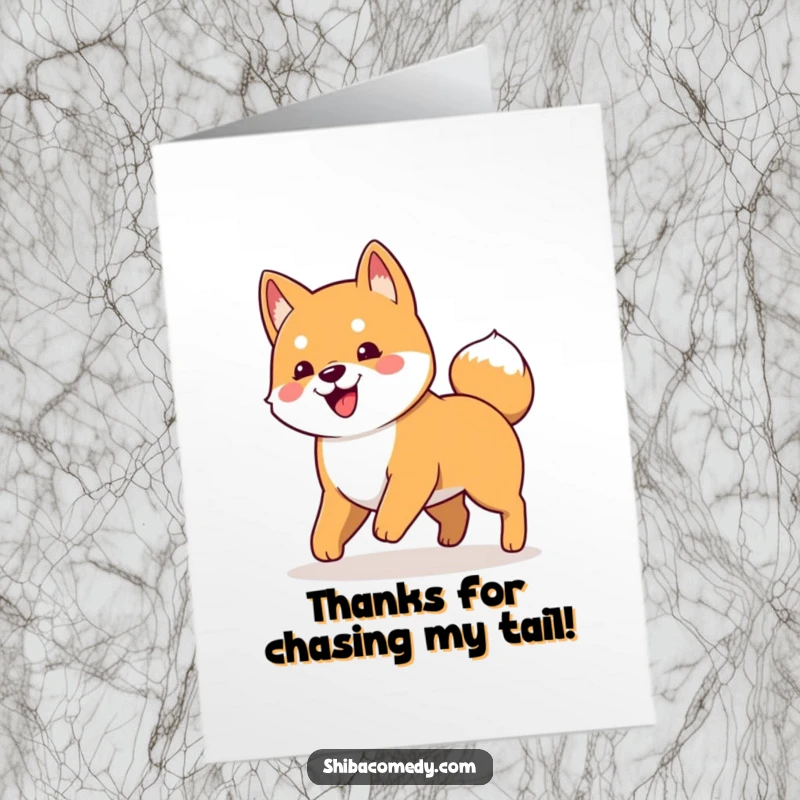 Funny Free Printable Thank You Card: A happy Shiba Inu dog comically chasing its tail in a loop.