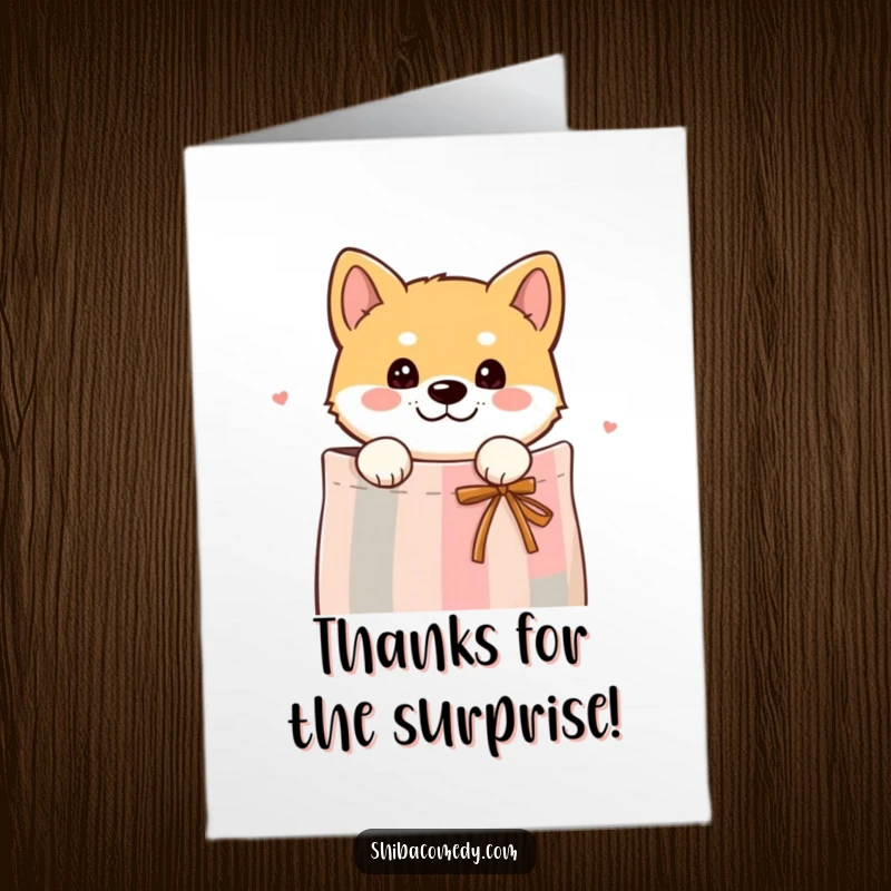 Funny Free Printable Thank You Card: Curious Shiba Inu peeking its head out from a gift bag, looking thankful.