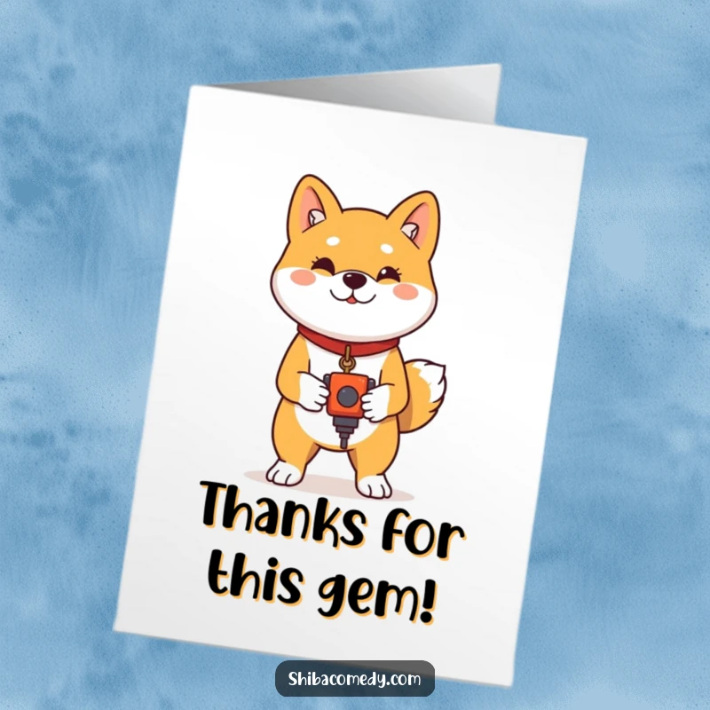 Funny Free Printable Thank You Card: a proud Shiba Inu stands with a treasured toy, conveying thanks.