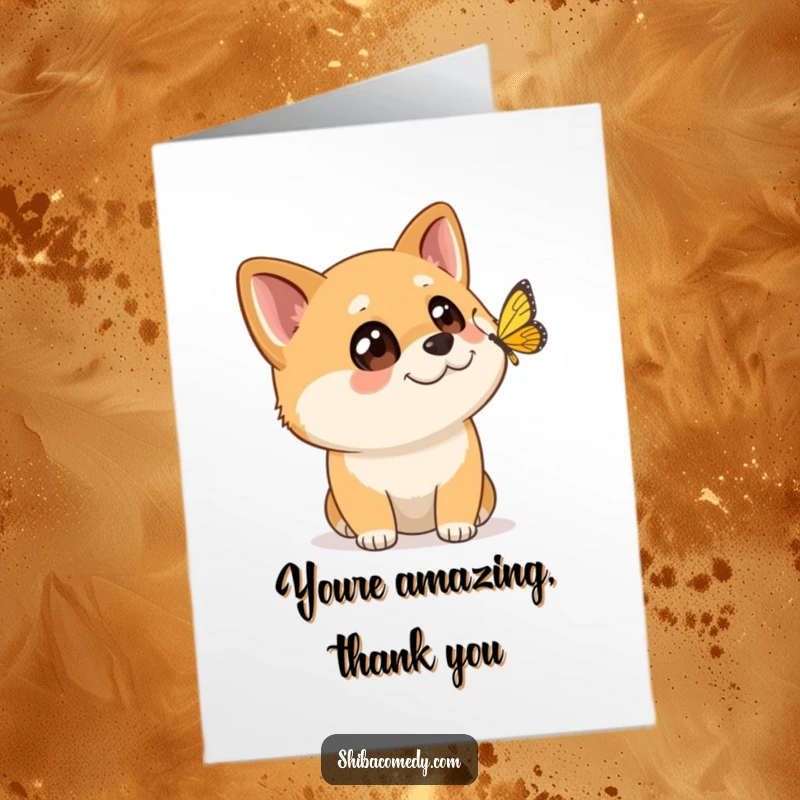 Funny Free Printable Thank You Card: Wide-eyed Shiba Inu watching a butterfly, conveying gentle appreciation.